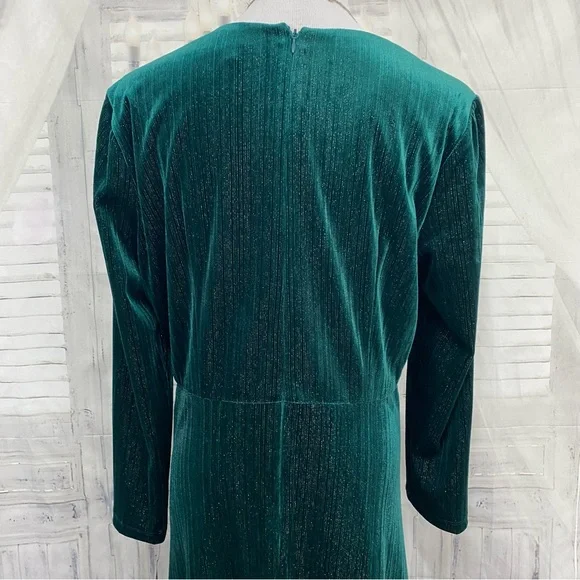 Maggy London Sz 12 Green Metallic Striped 3/4 Sleeve Velvet Midi Cocktail/Formal - Picture 8 of 15